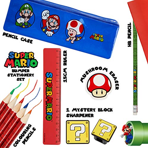 Super Mario Set Papeleria para Niños, Incluye Estuche Escolar de Mario Bros Cuaderno A6 y A5 Goma de Borrar Lapices de Colores Regla, Regalos Para Niños Adolescentes