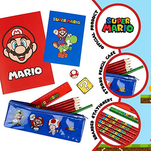 Super Mario Set Papeleria para Niños, Incluye Estuche Escolar de Mario Bros Cuaderno A6 y A5 Goma de Borrar Lapices de Colores Regla, Regalos Para Niños Adolescentes