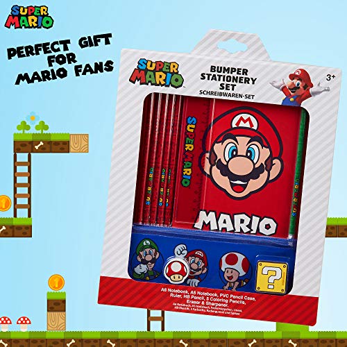 Super Mario Set Papeleria para Niños, Incluye Estuche Escolar de Mario Bros Cuaderno A6 y A5 Goma de Borrar Lapices de Colores Regla, Regalos Para Niños Adolescentes