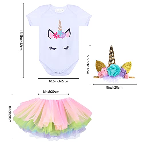 Tacobear 3 piezas Conjunto Primer Cumpleaños Niña Falda Niña 1 Años con Trajes Mameluco & Falda & Diadema Unicornio/Lazo/Flores Regalo para Niños de 12-18 Meses(Hilo de color arcoiris)