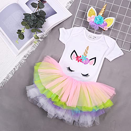 Tacobear 3 piezas Conjunto Primer Cumpleaños Niña Falda Niña 1 Años con Trajes Mameluco & Falda & Diadema Unicornio/Lazo/Flores Regalo para Niños de 12-18 Meses(Hilo de color arcoiris)