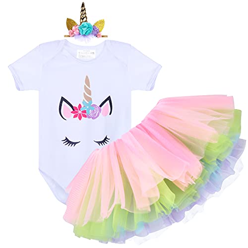 Tacobear 3 piezas Conjunto Primer Cumpleaños Niña Falda Niña 1 Años con Trajes Mameluco & Falda & Diadema Unicornio/Lazo/Flores Regalo para Niños de 12-18 Meses(Hilo de color arcoiris)