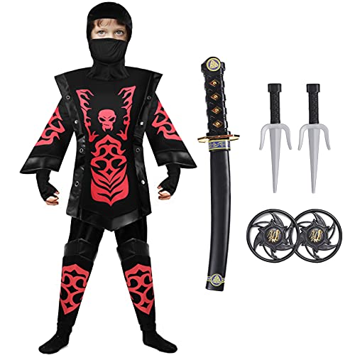 Tacobear Disfraz de Ninja para Niño Disfraz de Calavera Ninja Disfraz de Cosplay Disfraz Infantil de Halloween Negro y Rojo 4-12 años (L (10-12 años), rojo)