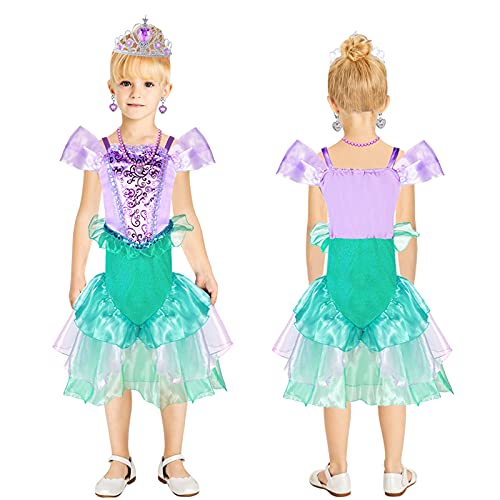 Tacobear Disfraz Sirena Niña Vestidos Sirena con Princesa Accesorios Corona Varita Mágica Disfraz Sirenita Cumpleaños Fiesta Carnaval Halloween Ariel Disfraces Cosplay (130, 6-7 Años)