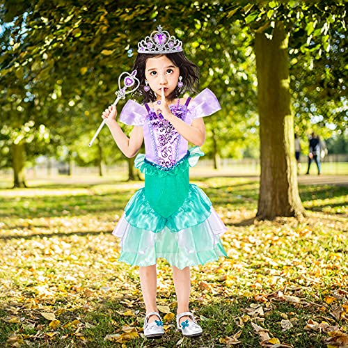 Tacobear Disfraz Sirena Niña Vestidos Sirena con Princesa Accesorios Corona Varita Mágica Disfraz Sirenita Cumpleaños Fiesta Carnaval Halloween Ariel Disfraces Cosplay (130, 6-7 Años)