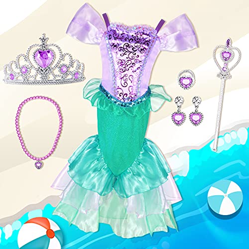 Tacobear Disfraz Sirena Niña Vestidos Sirena con Princesa Accesorios Corona Varita Mágica Disfraz Sirenita Cumpleaños Fiesta Carnaval Halloween Ariel Disfraces Cosplay (130, 6-7 Años)