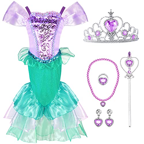 Tacobear Disfraz Sirena Niña Vestidos Sirena con Princesa Accesorios Corona Varita Mágica Disfraz Sirenita Cumpleaños Fiesta Carnaval Halloween Ariel Disfraces Cosplay (130, 6-7 Años)