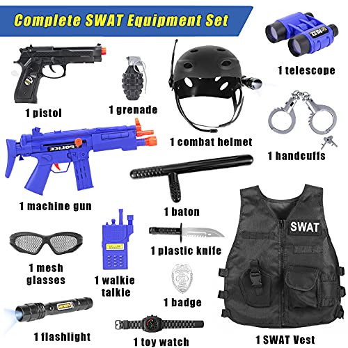 Tacobear SWAT Policía Disfraz Niño Policia Chaleco con Accesorios Policía Esposas Casco Insignia Walkie Talkie Telescopio Pistola Policía Juguete para Niños Halloween Fiesta Disfraces