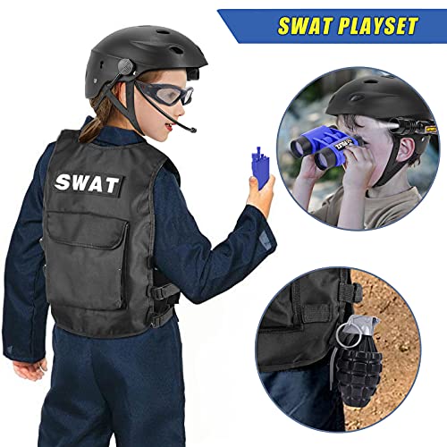 Tacobear SWAT Policía Disfraz Niño Policia Chaleco con Accesorios Policía Esposas Casco Insignia Walkie Talkie Telescopio Pistola Policía Juguete para Niños Halloween Fiesta Disfraces