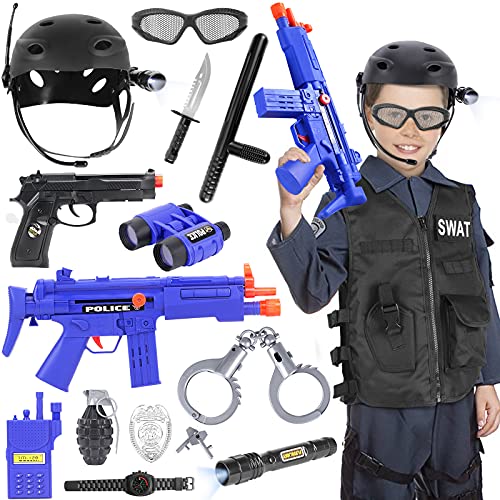 Tacobear SWAT Policía Disfraz Niño Policia Chaleco con Accesorios Policía Esposas Casco Insignia Walkie Talkie Telescopio Pistola Policía Juguete para Niños Halloween Fiesta Disfraces