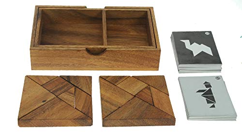 Tangram Doble - Un Juego para 2 Jugadores - Rompecabezas de Madera - Divertido Juego Familiar - Regalo de Madera para niños y Adultos - Incluye 64 Tarjetas con soluciones