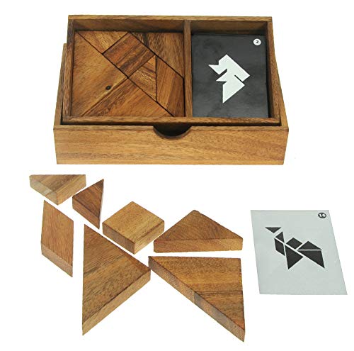 Tangram Doble - Un Juego para 2 Jugadores - Rompecabezas de Madera - Divertido Juego Familiar - Regalo de Madera para niños y Adultos - Incluye 64 Tarjetas con soluciones