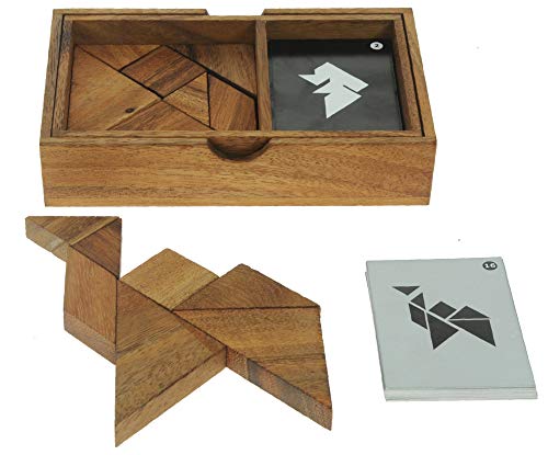 Tangram Doble - Un Juego para 2 Jugadores - Rompecabezas de Madera - Divertido Juego Familiar - Regalo de Madera para niños y Adultos - Incluye 64 Tarjetas con soluciones