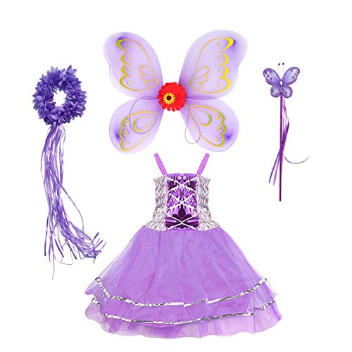 Tante Tina Disfraz de hada de mariposa para niña, 4 piezas, con vestido de tul, alas, varita mágica y diadema, adecuado para niños de 2 a 8 años, color lila