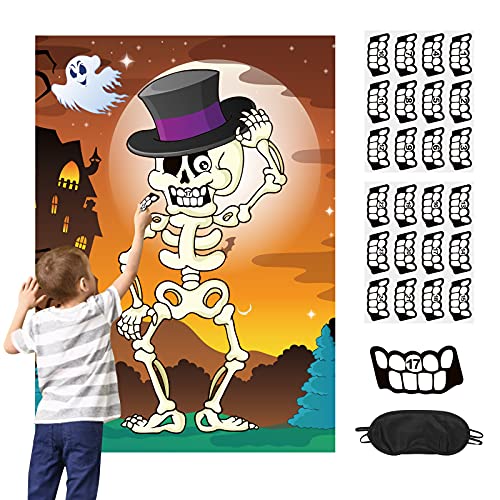 TAROME Pin The Teeth on The Skeleton Skull Halloween Party Actividades Pin Game Póster de Esqueleto Grande con 24pcs Pegatinas de Dientes para Niños y Niñas