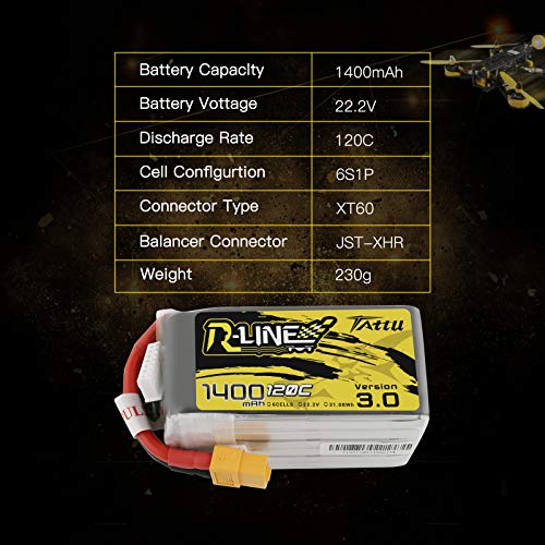 TATTU R-Line 1400mAh 22.2V 120C 6S Batería de lipo con Conector XT60 para Carreras Profesionales de FPV