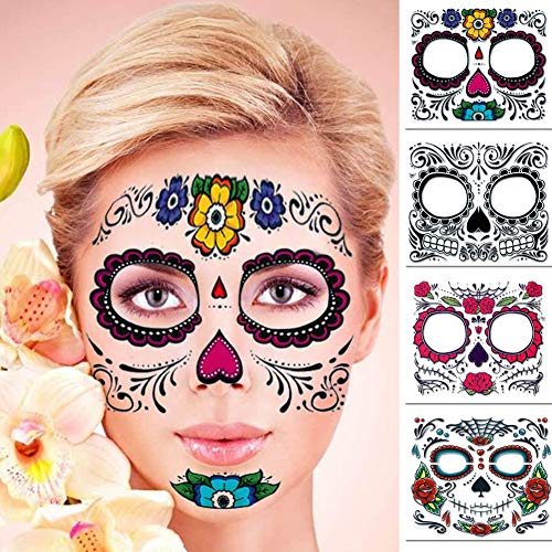 Tatuaje temporal de la cara Diseño de rosa, 4 piezas Regalos de Navidad Etiquetas engomadas del tatuaje de Halloween, Día de los muertos Maquillaje para la fiesta de disfraces de Navidad