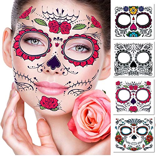 Tatuaje temporal de la cara Diseño de rosa, 4 piezas Regalos de Navidad Etiquetas engomadas del tatuaje de Halloween, Día de los muertos Maquillaje para la fiesta de disfraces de Navidad