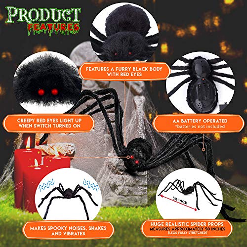 THE TWIDDLERS 50 Pulgadas Araña Gigante de Halloween - Decoracion de Halloween Terror para Exterior Fiesta | (127cm) con Ojos Iluminados y Sonido