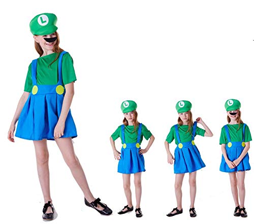 thematys Sombrero Super Mario Luigi + Vestido + Barba - Set de Disfraces para niñas Carnaval y Cosplay - 3 Tallas Diferentes (S, Luigi, 110-120cm)