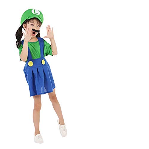 thematys Sombrero Super Mario Luigi + Vestido + Barba - Set de Disfraces para niñas Carnaval y Cosplay - 3 Tallas Diferentes (S, Luigi, 110-120cm)