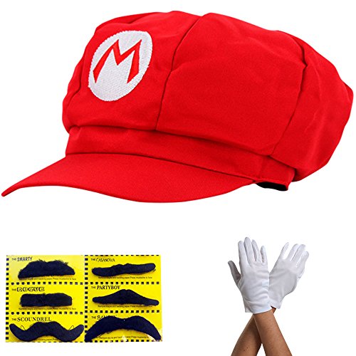 thematys® Super Mario Gorra - Disfraz para Adultos y niños en 4 Colores Diferentes + Guantes y 6X Barba pegajosa Carnaval y Cosplay