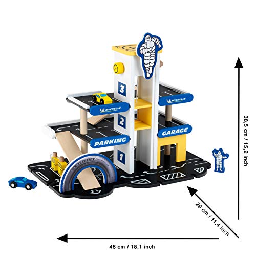 Theo Klein- Aparcamiento Michelin con 3 Plantas Garaje Que Incluye 2 Coches y Mucho más I Compatible con Pistas de Madera I Medidas: 46 cm x 29 cm x 39 cm I Juguete para niños de 3 años (3404)