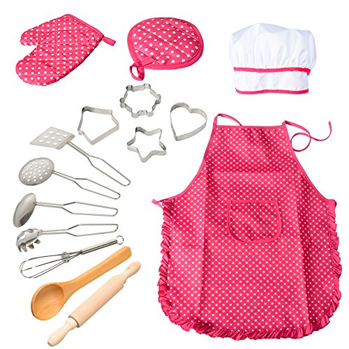 ThinkMax Chef Juego de rol, 15 Piezas Juego de Chef para niños, Juego de Delantal para niños, Delantal para niños, Gorro de Chef y Cubiertos (Rosa)