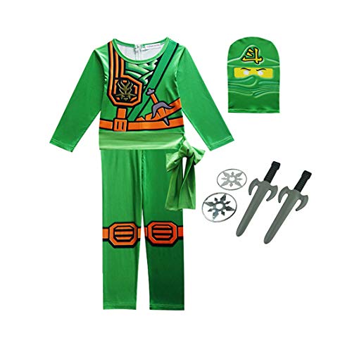 Thombase Disfraz de guerrero ninja para niños y niñas cosplay y disfraces de fiesta con arma, verde, 120 cm