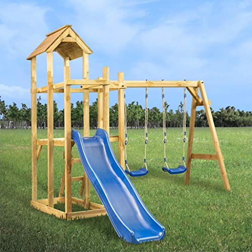 Tidyard Parque Infantil tobogán, Columpios y Escalera 285x305x226,5 cm,Parque Infantil de Madera MultiFlyer con Columpio y tobogán Verde, Torre de Escalada de Exterior con Techo