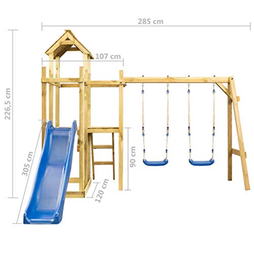 Tidyard Parque Infantil tobogán, Columpios y Escalera 285x305x226,5 cm,Parque Infantil de Madera MultiFlyer con Columpio y tobogán Verde, Torre de Escalada de Exterior con Techo