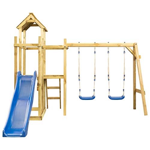 Tidyard Parque Infantil tobogán, Columpios y Escalera 285x305x226,5 cm,Parque Infantil de Madera MultiFlyer con Columpio y tobogán Verde, Torre de Escalada de Exterior con Techo