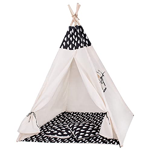 Tienda de campaña para niños Teepee Tipi Wigwam con alfombrilla de suelo de algodón, tienda para niños, tienda para niños, tipi de juego indio, 160 x 120 x 100 cm, grande (negro/nubes)