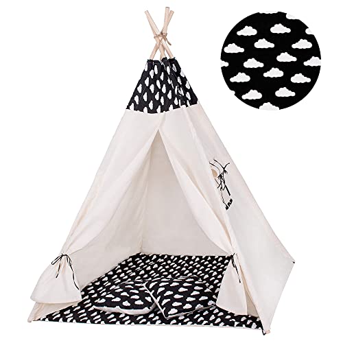 Tienda de campaña para niños Teepee Tipi Wigwam con alfombrilla de suelo de algodón, tienda para niños, tienda para niños, tipi de juego indio, 160 x 120 x 100 cm, grande (negro/nubes)