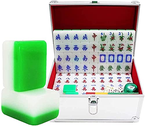 Tiyabdu Juegos de azulejos más nuevos Mahjong Set Metal Embalaje Caja de embalaje Mahjong Set de tamaño completo Resistencia al impacto MAHJONG Conjunto de azulejos grandes Fuente lisa Mahjong (Color: