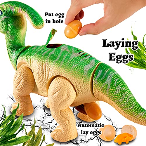 TOEY PLAY Parasaurolophus Dinosaurios Juguete para Niños, Figura Dinosaurio con Luz y Sonido, Poner Dinosaurio Huevos, Proyección, Caminando, Regalo Juguetes para Niñas 3 Años