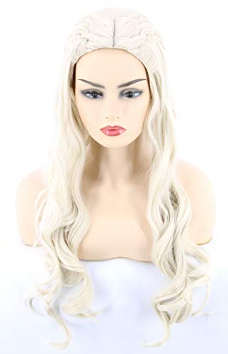 Topcosplay Peluca Rubia para Mujer, Larga Ondulada Daenerys Targaryen Peluca con Trenzas Cosplay Khaleesi Peluca para Disfraz de Halloween, Fiesta