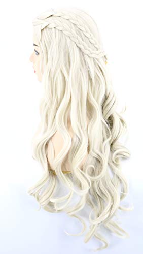 Topcosplay Peluca Rubia para Mujer, Larga Ondulada Daenerys Targaryen Peluca con Trenzas Cosplay Khaleesi Peluca para Disfraz de Halloween, Fiesta