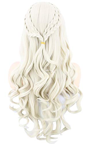 Topcosplay Peluca Rubia para Mujer, Larga Ondulada Daenerys Targaryen Peluca con Trenzas Cosplay Khaleesi Peluca para Disfraz de Halloween, Fiesta