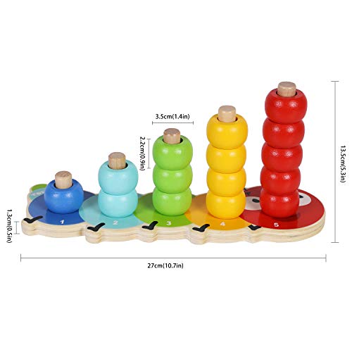 TOWO Anillos apilables Bebé: juego de conteo Caterpillar encantador Rompecabezas de clasificación de colores-Apilador de 5 clavijas-Aprendizaje temprano Juguetes de madera para 1 año Regalo Niño Niña