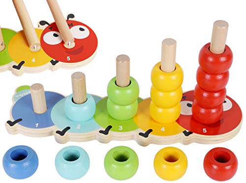 TOWO Anillos apilables Bebé: juego de conteo Caterpillar encantador Rompecabezas de clasificación de colores-Apilador de 5 clavijas-Aprendizaje temprano Juguetes de madera para 1 año Regalo Niño Niña