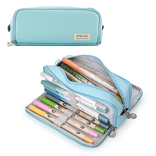 TOYESS Estuche Escolar con 3 Compartimentos, Estuche Escolar Grande Capacidad, Estuche Multifuncional con Cremallera para Niña, Niños, Adolescentes, Estudiantes (Azul Claro)