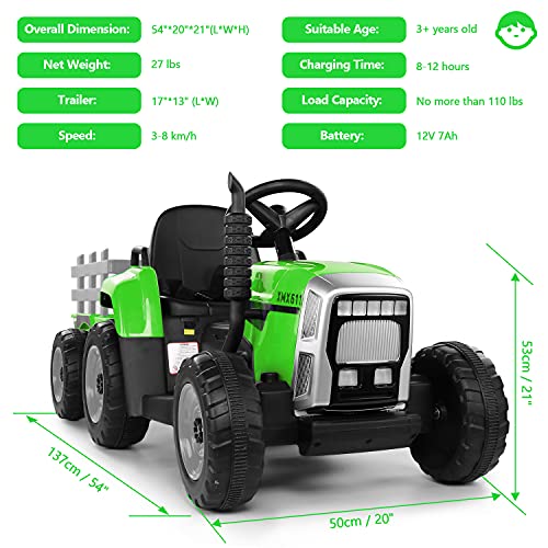 Tractor eléctrico de juguete, 12 V, 7 Ah, 2 + 1 velocidades, remolque, 7 luces ledes, botón de advertencia/reproductor MP3/Bluetooth/puerto USB, mando a distancia, para niños de 3 a 6 años (verde)