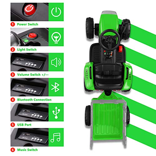 Tractor eléctrico de juguete, 12 V, 7 Ah, 2 + 1 velocidades, remolque, 7 luces ledes, botón de advertencia/reproductor MP3/Bluetooth/puerto USB, mando a distancia, para niños de 3 a 6 años (verde)