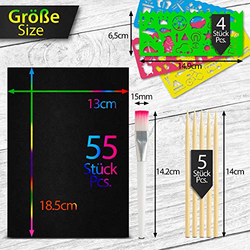 Tritart Juego de imágenes para rascar, 55 hojas, papel para rascar arcoíris para dibujar y manualidades, con reglas de plantillas, lápices de madera, pegatinas y pincel I 13 x 19 cm