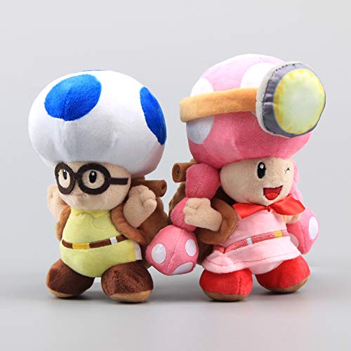 uiuoutoy Super Mario Bros Toad Toadette Juguetes de peluche rellenos suaves de setas azules y rosadas para niños, juego de regalo de 2 piezas