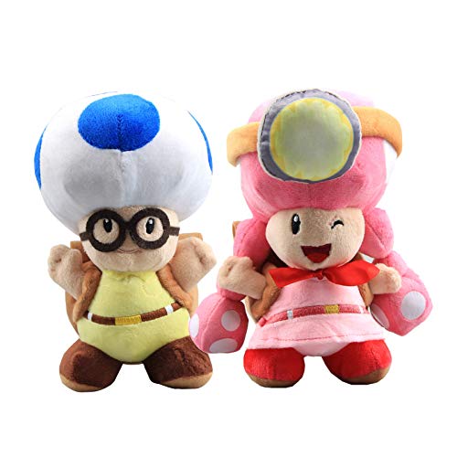 uiuoutoy Super Mario Bros Toad Toadette Juguetes de peluche rellenos suaves de setas azules y rosadas para niños, juego de regalo de 2 piezas