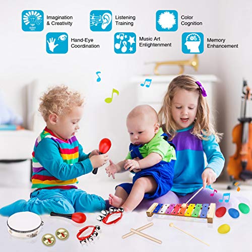 Ulifeme Instrumentos Musicales para Infantil, 24pcs Juguetes Músicales de Percusion para Bebes, Xilófono Madera Set de Instrumentos Musicales para Niños Juegos Musical con Una Bolsa de Transporte