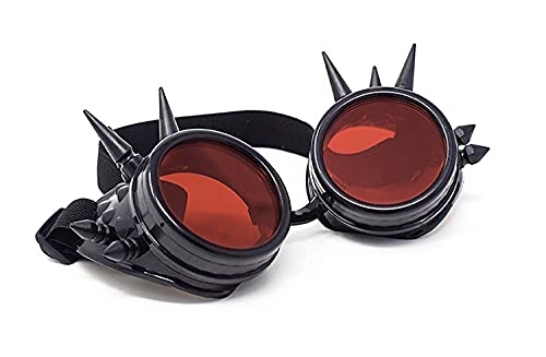 Ultra Steampunk Gafas Cyber Gafas Victorian Mens Womens Cosplay Goth Round, Negro con lentes rojas,