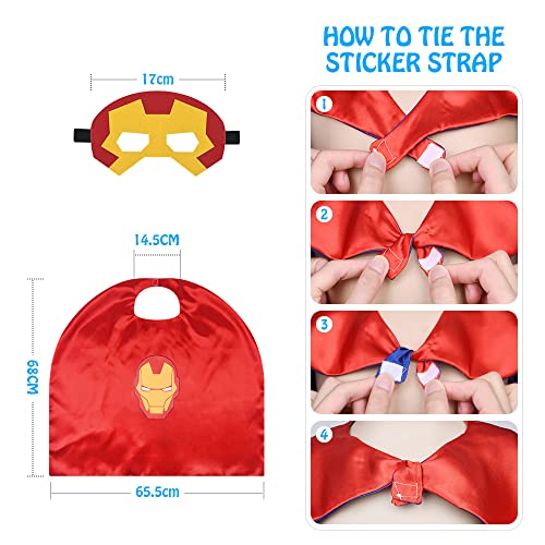 URAQT Capas de Superhéroes para Niños, 3pcs Capa y Máscara de Superhéroe de Satén de Doble Cara, Disfraces Infantiles para Cosplay Halloween Navidad, Juguetes de Superhéroe para Niños Niñas (6 Roles)